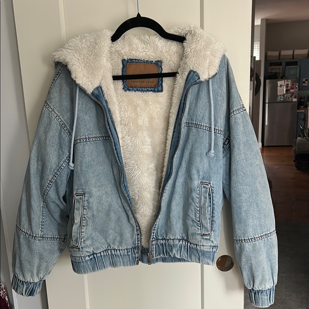 American Eagle Blue Denim Jacket with White Fleece Lining